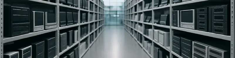 再利用に向けて整然と並ぶIT機器の棚